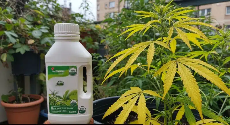 Planta de cannabis con hojas amarillas por desequilibrio de pH, mostrando bloqueo de nutrientes y necesidad de corrección en el riego.