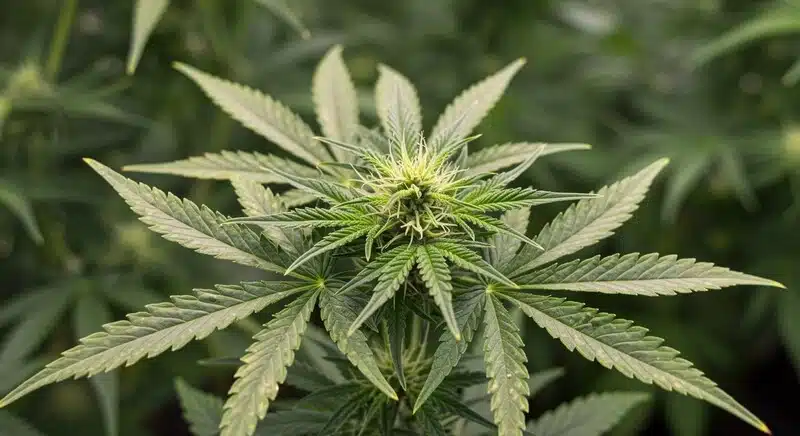 Planta de cannabis en inicio de floración con hojas ligeramente pálidas y pistilos visibles, el exceso de riego puede causar clorosis en el cannabis al limitar la oxigenación radicular.