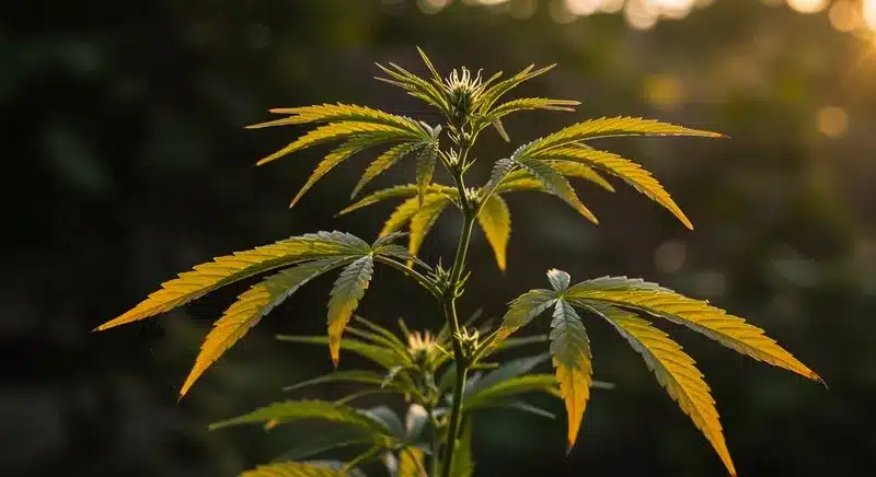 Planta de cannabis con amarilleo progresivo en hojas medias y superiores, caso frecuente entre las causas comunes de hojas amarillas en el cannabis por deficiencia de nitrógeno o desequilibrio de pH