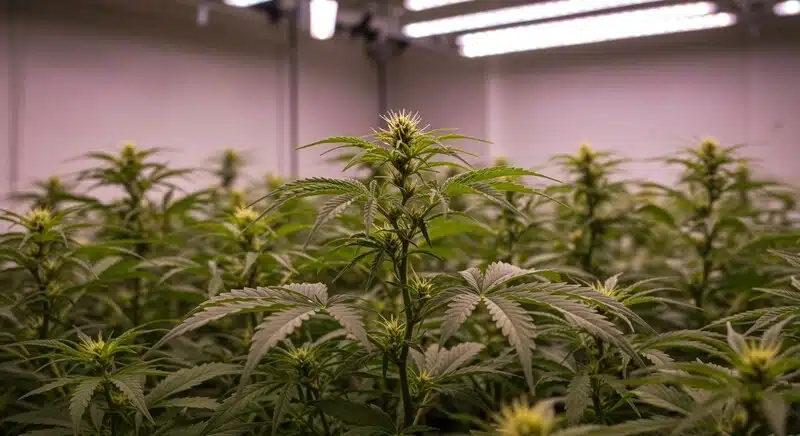 Cultivo de cannabis en interior con plantas sanas y hojas verdes, ideal para analizar cómo los factores genéticos en el amarilleo de hojas de cannabis influyen frente a condiciones controladas de luz y nutrición.