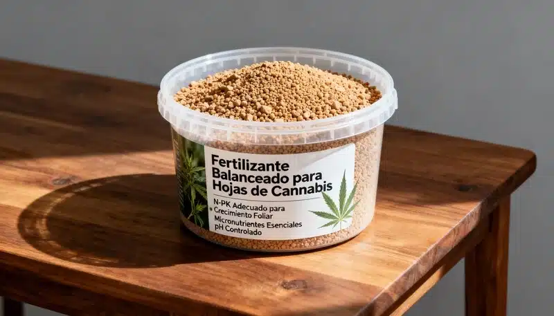 Fertilizante balanceado para hojas de cannabis rico en NPK y micronutrientes, ideal para potenciar semillas Blimburn resistentes a la clorosis y prevenir deficiencias nutricionales.