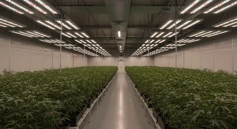 Gran sala de cultivo interior de CBD Wellness con iluminación LED de alta eficiencia y filas organizadas de plantas, en un entorno controlado ideal para producción de cannabis de calidad.