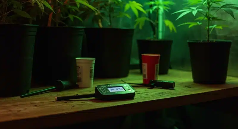 Refractómetro digital sobre mesa de cultivo junto a plantas de cannabis, equipo utilizado para medir niveles de azúcares y optimizar nutrición.