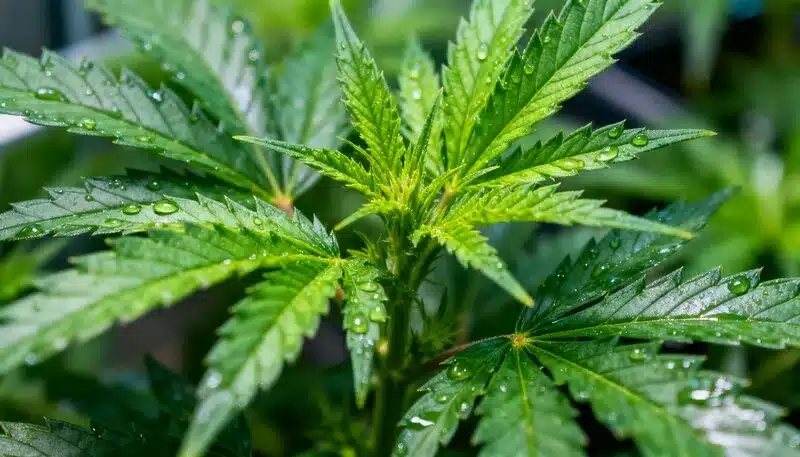 Hoja de CBD Mexican (1:1) con gotas de agua sobre hojas verdes sanas en fase vegetativa..