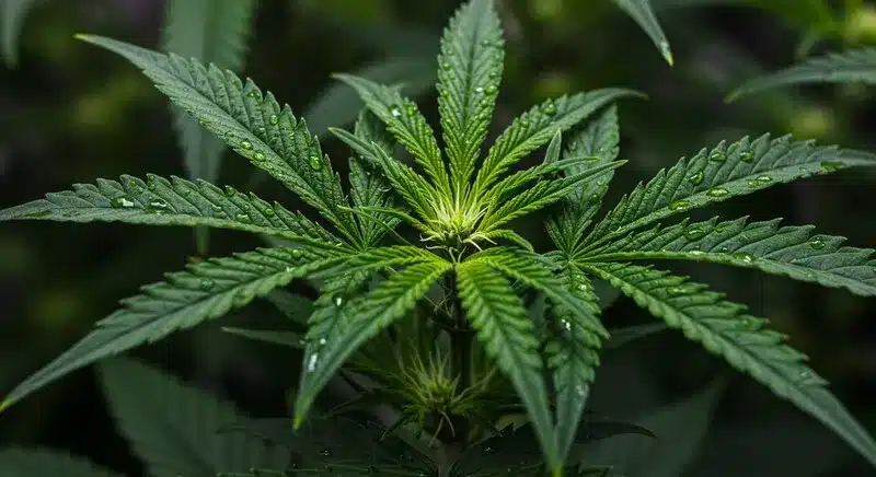 Hoja de CBD Shishkaberry X Candida (1:2) con gotas de agua y estructura sativa.