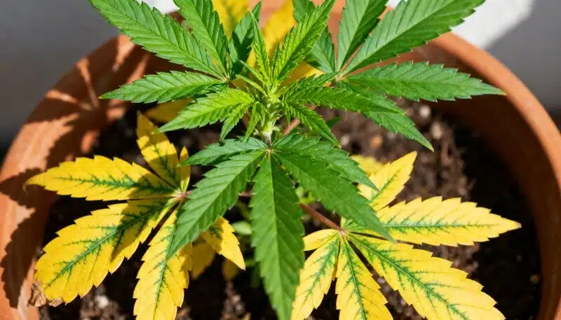 Planta de cannabis en fase vegetativa con hojas amarillas en la parte inferior, signos claros de deficiencia de nutrientes como nitrógeno o problemas de riego en cultivo en maceta.
