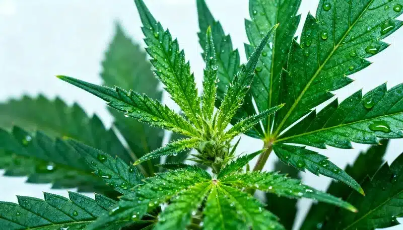 Hojas de cannabis CBD Strawberry (1:25) con gotas de agua y brotes jóvenes en crecimiento saludable.