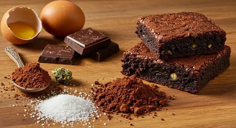 Ingredientes para brownies de cáñamo con cacao, chocolate y semillas.