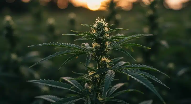 Cogollo de cannabis: savia de planta en floración exterior.