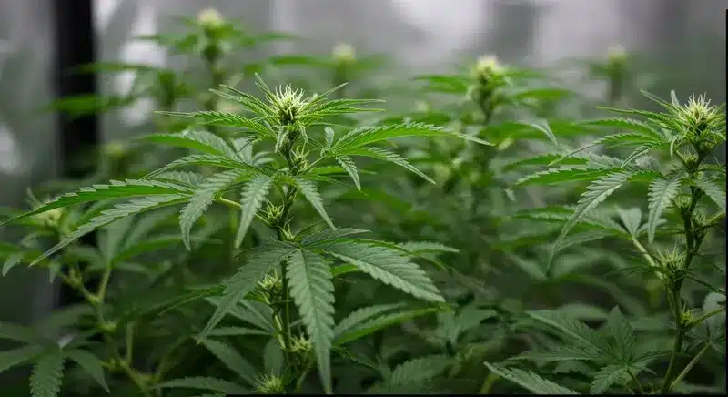 Planta de cannabis en cultivo con solución nutritiva visible, nutrientes para tratar la clorosis en cannabis como fertilizantes ricos en nitrógeno, hierro y magnesio.