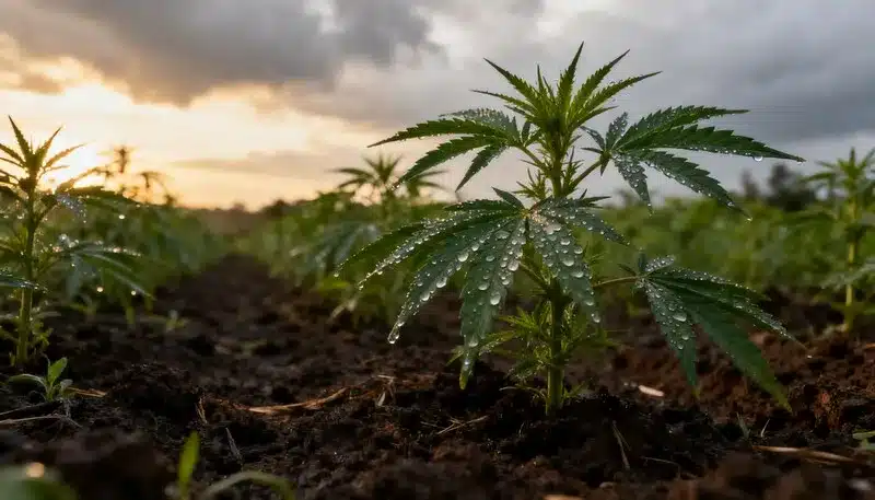 Planta de CBD Strawberry (1:15) en cultivo exterior con hojas verdes con gotas de rocío, destacando su desarrollo natural en suelo fértil y su adaptación a condiciones exteriores.