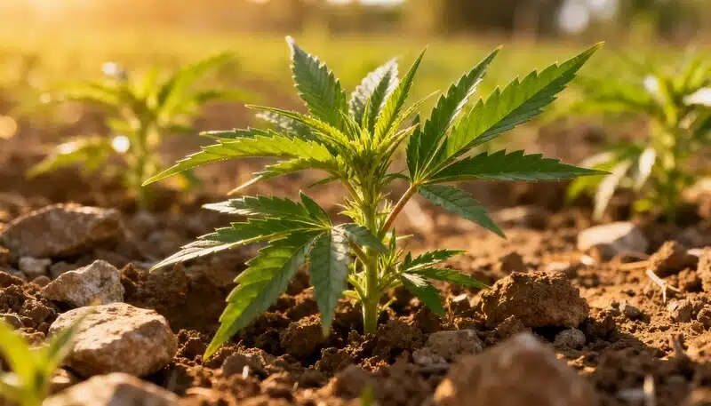 Planta joven de cannabis creciendo en suelo seco y pedregoso, semillas de cannabis para suelos pobres resistentes a condiciones adversas en exterior.