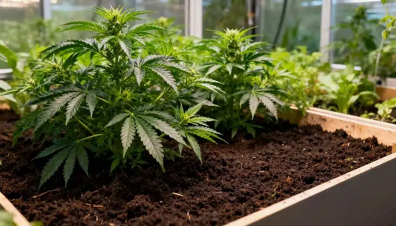 Plantas de cannabis Cheese cultivadas en suelo con hojas verdes y estructura compacta en fase vegetativa.