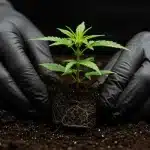 Plántula de cannabis CBD Zero con raíces sanas siendo trasplantada en sustrato por cultivador con guantes.