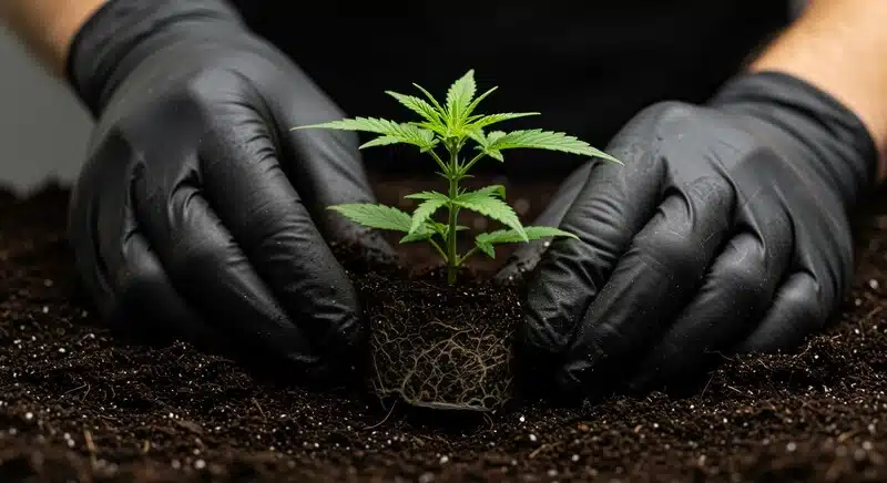Plántula de cannabis CBD Zero con raíces sanas siendo trasplantada en sustrato por cultivador con guantes.