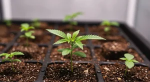 Plántulas de CBD Super Kush (1:15) creciendo en bandejas de cultivo durante la fase inicial.