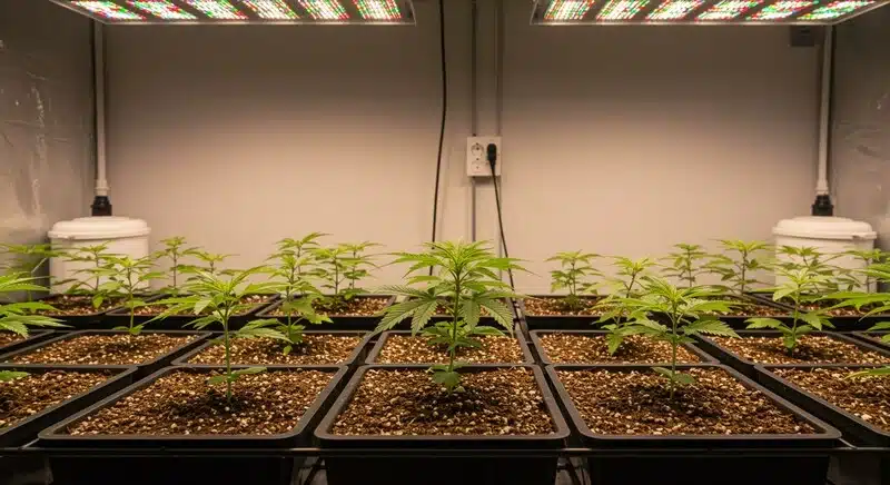 Plántulas de CBD Very Cherry Berry en cultivo interior bajo luces LED con crecimiento uniforme en macetas.