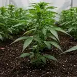 Plántulas de Cement Shoe x Rainbow Regular creciendo en sustrato con hojas verdes en fase vegetativa.
