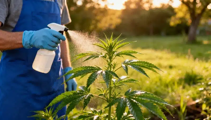 Aplicación de pulverización foliar para la decoloración de hojas en planta de cannabis en exterior, utilizando spray para mejorar la absorción de nutrientes y recuperar el color verde saludable.