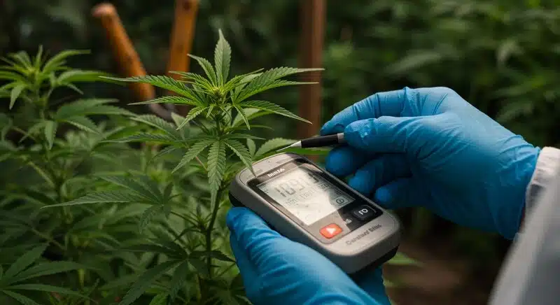 Medición de Brix en extracto vegetal de cannabis con refractómetro portátil, comparando niveles de azúcares para análisis de calidad en cultivo.