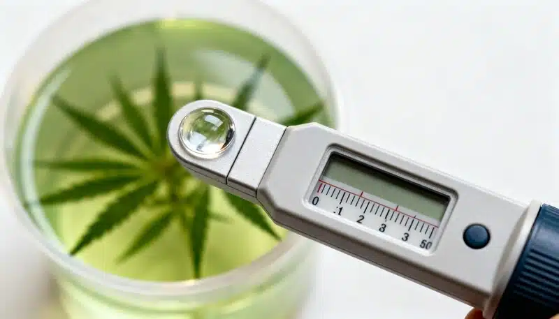 Refractómetro midiendo niveles de Brix en cannabis con hoja en solución, técnica clave para analizar azúcares, nutrientes y calidad del cultivo.