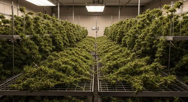 Sala de secado de CBD Strawberry (1:30) con plantas colgadas en estanterías industriales, proceso postcosecha controlado que preserva el alto contenido en CBD y la calidad de las flores.