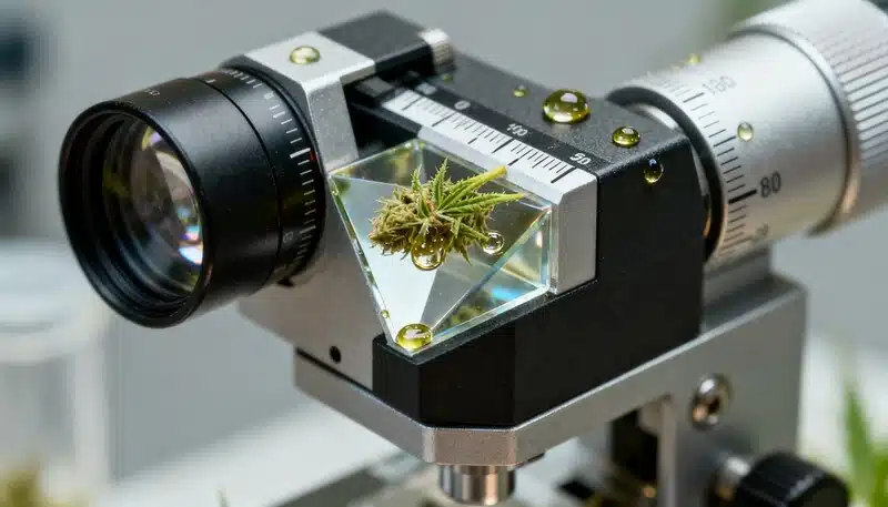 Refractómetro analizando una muestra de cannabis sobre prisma óptico, mostrando cómo se mide la salud de la planta mediante niveles de azúcares y sólidos disueltos (Brix) en cultivos de cannabis.