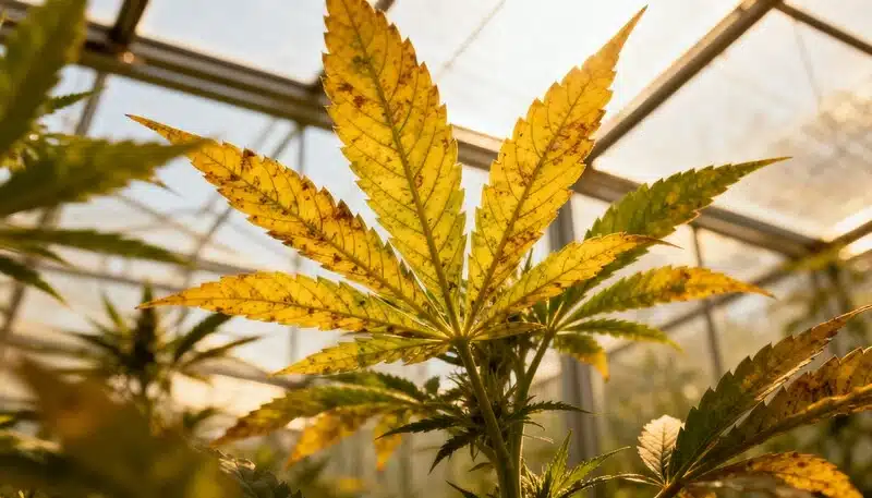 Señales de estrés y clorosis en el cannabis en hojas.