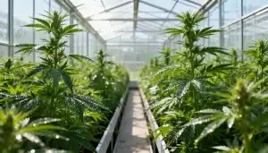Cultivo de CBD Strawberry (1:15) en invernadero con plantas en condiciones controladas.