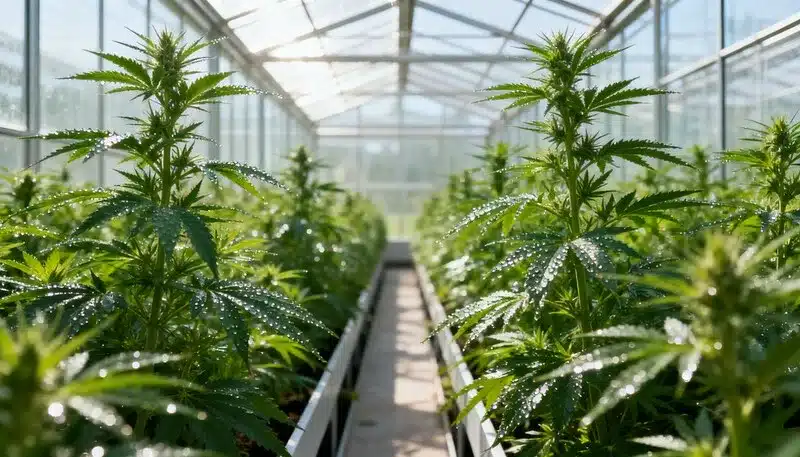 Cultivo de CBD Strawberry (1:15) en invernadero con plantas en condiciones controladas.