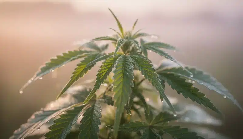 Planta de cannabis con hojas firmes y sin signos de estrés. Un Brix alto está relacionado con mejor tolerancia a condiciones adversas como sequía y ataques de plagas.