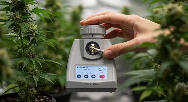 Uso de refractómetro digital en cultivo de cannabis para medir Brix y controlar calidad, maduración y contenido de azúcares en plantas.