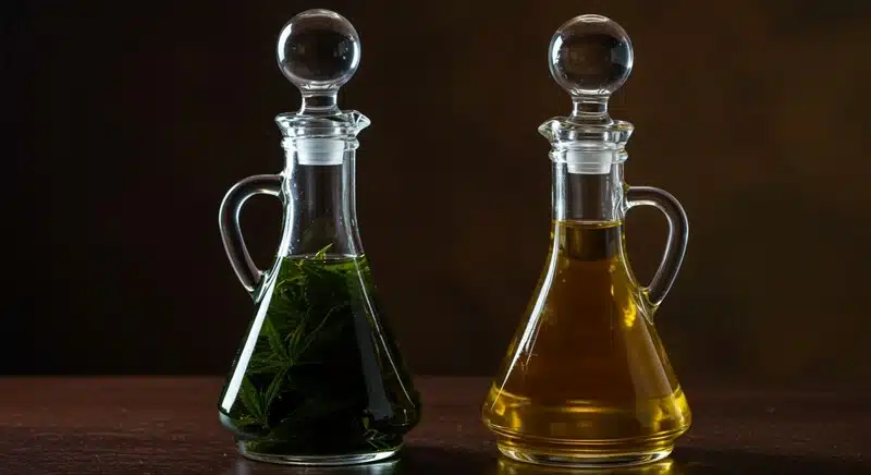 Aceite de semillas de cannabis prensado en frío junto a aceite tradicional.