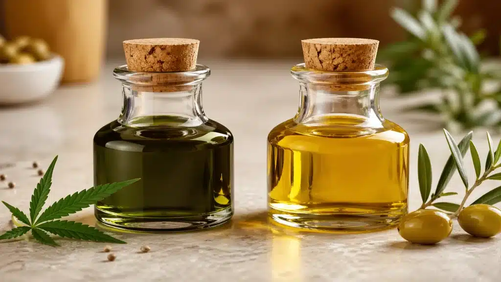 Aceite de cannabis alimentario junto a aceite de oliva, mostrando diferencias de color y uso. El cannabis en alimentación se presenta en distintos formatos, desde aceites hasta semillas, aportando valor nutricional y funcional.