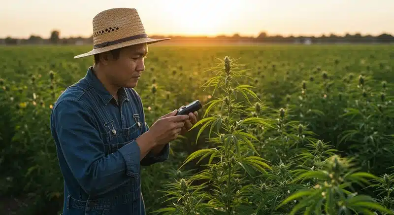 Agricultor midiendo niveles Brix en planta de cannabis en exterior, evaluando cómo las condiciones climáticas influyen en los azúcares y la calidad.