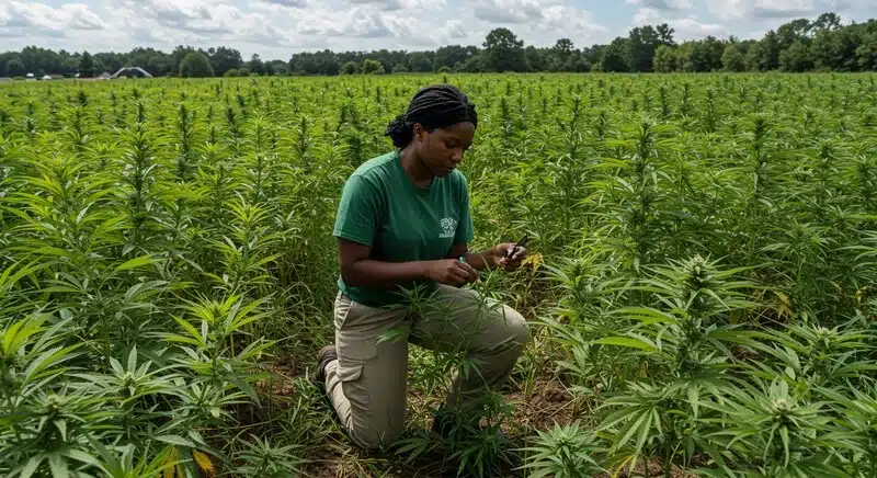Agricultora midiendo cannabis en campo para interpretar niveles de Brix, evaluando calidad y estado nutricional del cultivo.