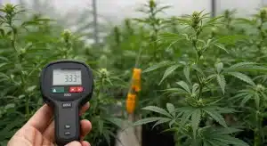 Medición de Brix en cannabis con medidor digital para ajustar pH y nutrientes.