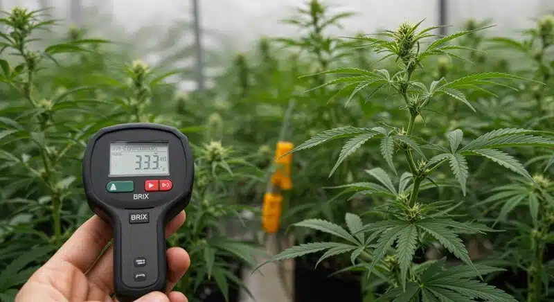 Medición de Brix en cannabis con medidor digital para ajustar pH y nutrientes.