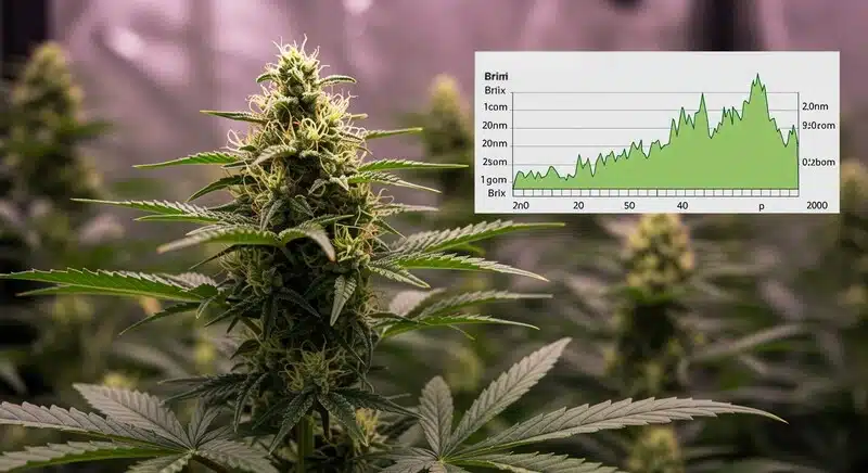 Cultivo de cannabis al amanecer con condiciones de luz y temperatura influyendo en el Brix, afectando el desarrollo y metabolismo de las plantas.