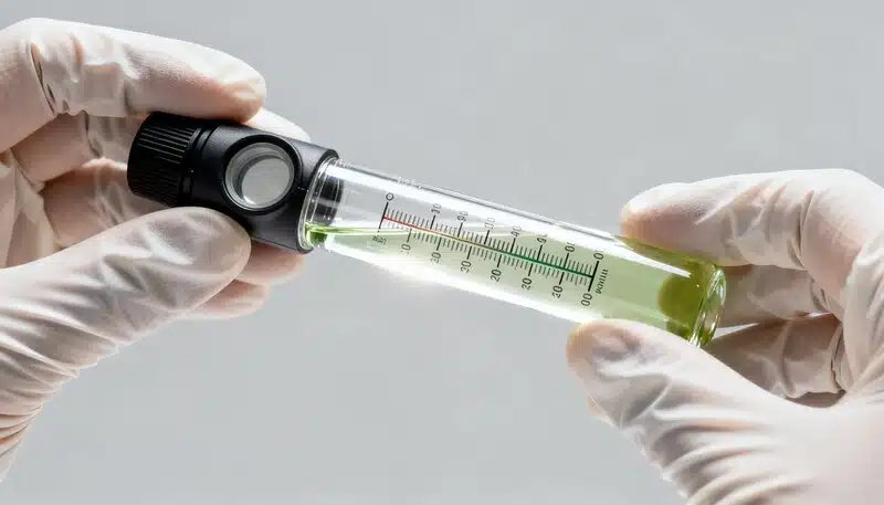 Análisis con refractómetro de solución líquida para medir niveles Brix en cannabis, comparando la concentración de azúcares con los PPM de nutrientes en cultivo.