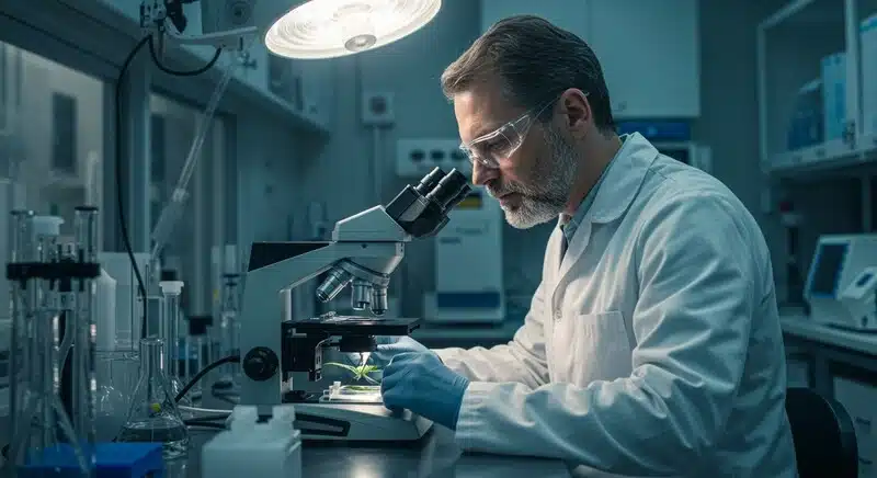 Científico analizando de cannabis en laboratorio con microscopio. Este tipo de análisis complementa la medición de Brix al evaluar estructura celular, salud del tejido y posibles correlaciones con la concentración de azúcares y metabolitos en diferentes fases del cultivo.