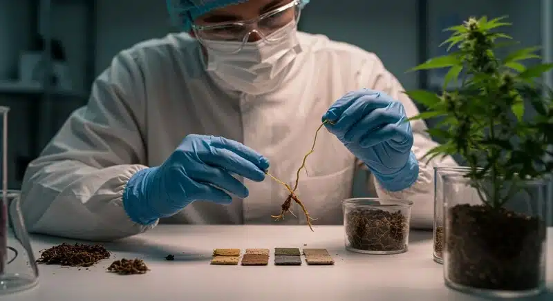 Técnico analizando raíces de cannabis en laboratorio para evaluar la actividad microbiana del suelo. La interacción entre raíces y microorganismos es clave para mejorar la absorción de nutrientes y aumentar los niveles de Brix en el cultivo.