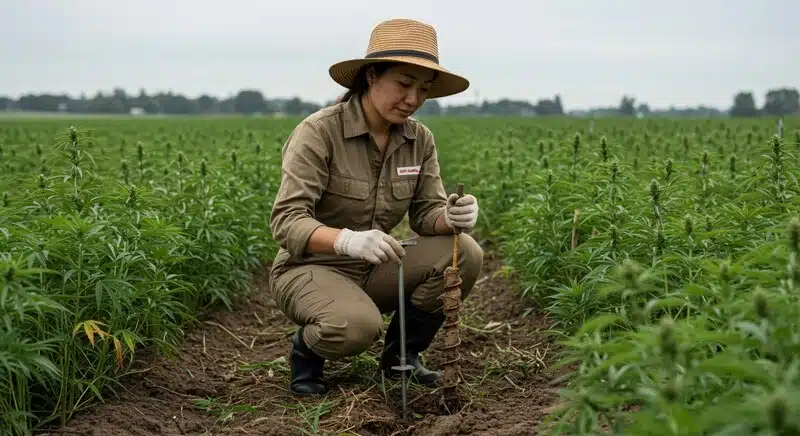 Técnica realizando un muestreo de suelo en un cultivo de Cinderella 99 x Tangilope, evaluando la calidad del sustrato entre hileras de plantas en exterior.