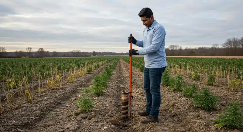 Técnico realizando una toma de muestras de suelo en un cultivo de Cinderella 99 x Taskenti, evaluando el sustrato en hileras de plantas en campo abierto.