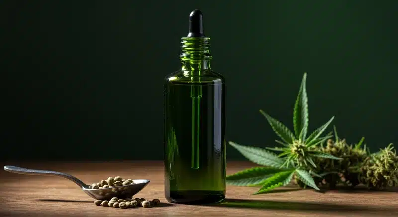 Aceite de cáñamo en botella con gotero acompañado de semillas y flores. Este producto se utiliza tanto en alimentación como en aplicaciones funcionales por su contenido en omega 3 y 6.