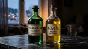 Botellas de aceite de cannabis y aceite de oliva en contexto culinario.