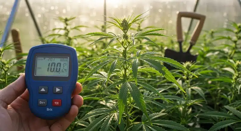 Cultivador evaluando plantas de cannabis en interior utilizando un medidor portátil. Las lecturas de Brix permiten detectar de forma temprana posibles deficiencias nutricionales al reflejar la eficiencia fotosintética y la absorción de minerales.