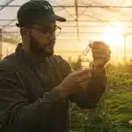 Calibración de refractómetro de cannabis con muestra líquida en un invernadero.