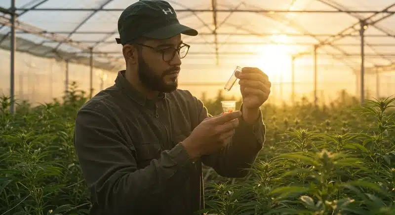 Calibración de refractómetro de cannabis con muestra líquida en un invernadero.