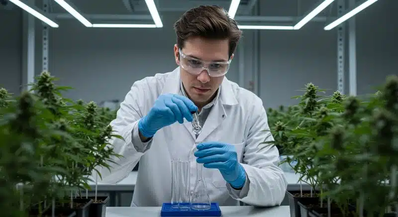 Análisis en laboratorio para determinar el Brix ideal en cannabis, evaluando niveles de azúcares y calidad en plantas cultivadas.
